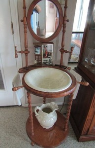 lot 3 image: Vintage WASH STAND  BARLY TWIST SPINDLES  , OVAL MIRROR ,  22 Wash Bowl and PITCHER cotton candy color 50 12 21 12