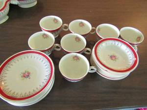 lot 7 image: Taylor Smith Red and Gold China includes, 8  bowls 5 & 8 SAUCERS  & 7 COFFEE CUPS