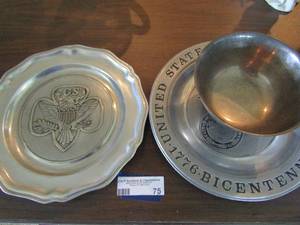 lot 75 image: Girl Scouts  American Eagle plate 10 12  ( PAUL REVERE REPRODUCTIONS)  PEWTER  , -BICENTENNIAL PLATE  ( BICENTENNIAL SUPPY HOUSE) LIMITERD EDITION)  NUMBER 213    Paul Revere vilver plated bowl