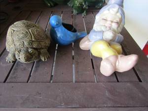 lot 88 image: small blue bird outside planter, garden GNOME,  concrete TURTLE  yard dcor
