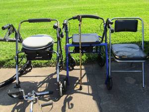 lot 97 image: 2 Drive walkers on 4 wheels with  storage, leg excursive workout, cane