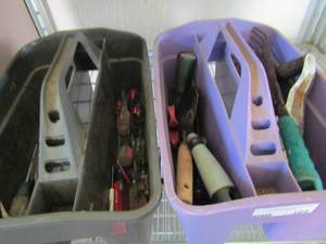 lot 104 image: 2 tool caddies one has screwdrivers and such and the other one holds small gardening tools