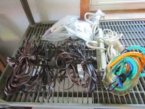 lot 106 image: Large lot of multi outlet plugs on extension cord, various white and brown small extension cords qty5 plus