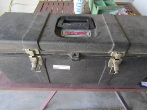 lot 114 image: Black Tuff box tool box with inside top caddy, misc. tools inside, screwdrivers, plyers, wire cutters, hammers and more