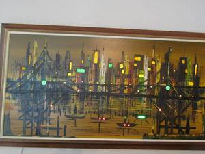 lot 4 image: VINTAGE  LIGHTED CITY SCAPE  BY NARD   FRAMED  54 X29