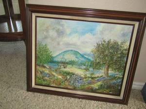 lot 115 image: framed canvas painting of mountain and little house 2125