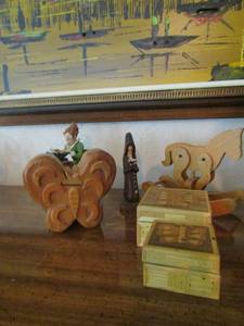 lot 121 image: Lofton typist piano player head is broken but available to repair, wooden butterfly trinket box, 2 small wooden butterfly boxes, wooden rocking horse 54 12
