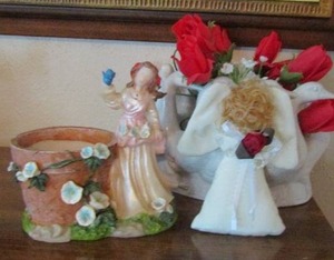 lot 122 image: Holland mold of white geese with red roses, ceramic lady flower pot, stuffed baby doll very small