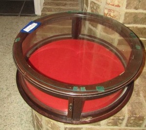 lot 124 image: wooden round glass table top display case SHADOW BOX  with red bottom  720