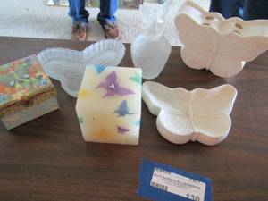 lot 130 image: Butterfly bath lot, soap dishes , toothbrush holder, candle perfume bottle glass