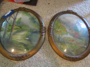 lot 131 image: Purvey  hand painted canvas boards framed, trees and forest with birds, 1816 qty 2