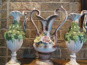 lot 132 image: handled  vases painted design is green leafgrapes13 34  qty 2,     1410 dB handled case with yellow and pink rose on front mint condition