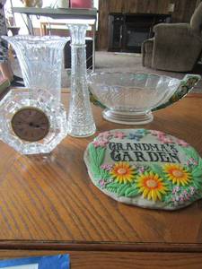 lot 143 image: Waterford crystal clock   crystal glass vase , plastic vase,, grandmas garden sign, flower handled glass bowl