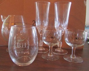 lot 156 image: Cocktail PITCHER, Mine and His gold rim glasses, 2 crystal long stim champaigne glasses
