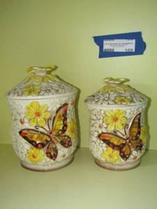 lot 169 image: Vintage NT sugar and flour canisters with lids, butterfly designs