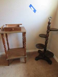 lot 199 image: 251412 2 tier wooden table one side is broken at the top pieces included, 32  solid wood indoor 4 tier planter pot holder,