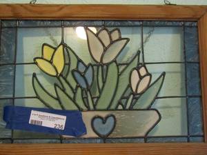 lot 236 image: Stained glass flower pot framed, 12 12 18