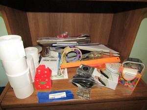 lot 245 image: Large lot of office supplies, paper, stapler, saftey pins, stick pins, calculator tape, scotch tape, mini note pads and more