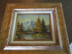 lot 303 image: Framed Art  trees  mountains by Marky handpainted 18 x 16