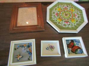lot 304 image: Octagon needle point wall clock 1616,  framed Dear Mom and Dad poem 14 12 12 12