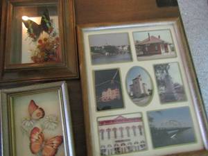 lot 307 image: framed photos of downtown granbury  1512 ,       3 D butterfly pic 86    , butterfly shadow box frame 108