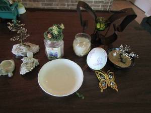 lot 312 image: Misc. dcor lot includes, turtle & fairy, rock tree, candles, egg on stand, hanging butterfly with tea light candle