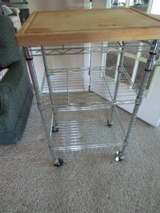 lot 313 image: 3 tier rolling laundrygrocery card dB handled, 2420 thick cut wooden cutting board