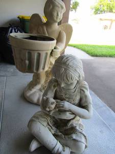 lot 344 image: lady and baby & angel with basket ceramic yard dcor