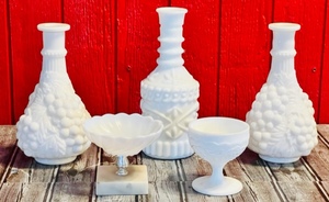 lot 68 image: Vintage Milk Glass Alcohol Decanters &amp Candy Dishes