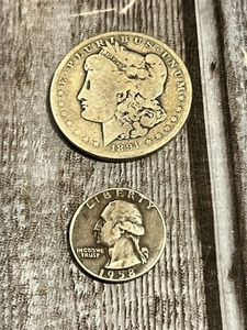 lot 17 image: 1891 Morgan Silver Dollar &amp 1958 Silver U. S. Quarter