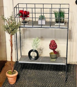 lot 29 image: Metal and Sandstone Two-Tiered plant Stand W All Plants Shown