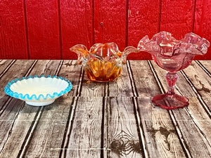 lot 42 image: Vintage Fenton Pink Glass Pedestal Candy Dish 1940s Fenton Vintage Aqua Blue Ruffled Lace Crest on Milk Glass Candy Dish or Plate Vintage Orange &amp Clear Hand-Blown Tulip-Shaped Glass Candy Dish