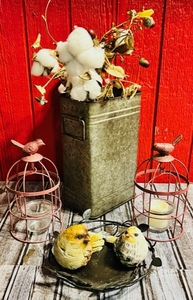 lot 117 image: Corrigated Steel Can Centerpiece WCotton Plants &amp Bird Decor