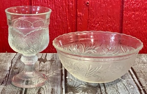 lot 143 image: Vintage Indiana Glass Sandwich Glass Tiara Pattern Bowl &amp Cabbage Leaf Pattern 6 Goblet