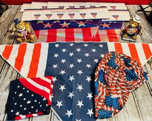 lot 160 image: Large Patriotic Lot of 5 Banners, 2 Patriotic Bears, Flag Cool Towel, Handkerchief, &amp Welding Hat