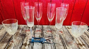 lot 162 image: Six Long Stem ChampagneWine Glasses W Two Cut Glass Goblets and Nice Wine Bottle Cork ScrewOpener