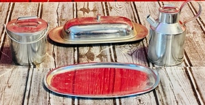 lot 168 image: Vintage Sugar Container, Creamer, Butter Dish, &amp Matching Tray