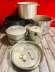lot 197 image: OutdoorsCamping Cooking Supplies- Includes Pots, Pan, Plates, Coffee Pot, &amp Measuring Spoons