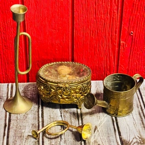 lot 199 image: Vintage Brass Lot- Including Candle Snuffers and Jewelry Box