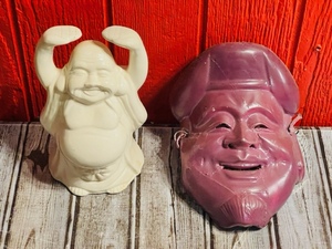 lot 221 image: Vintage 8 Buddha Figurine &amp 7 12 Vintage Oriental Wall Hanging Mask