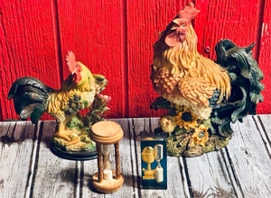 lot 223 image: Vintage 7 &amp 9 Colorful Rooster Figurines w Two Vintage Egg Timers
