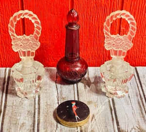 lot 224 image: Two Vintage Czechoslovakian Cut Glass Perfume Bottles With Applicators W Vintage Red Glass Avon Perfume Bottle &amp Hand-Painted Brass Powder Compact