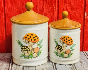 lot 239 image: Two Vintage 1982 Sears &amp Roebuck Merry Mushroom Cannisters