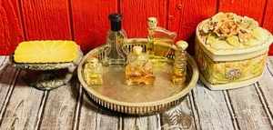 lot 243 image: &nbspVintage Brass Soap Dish, Silver Toned 9 Tray W Vintage Avon Collectible Perfume Bottles, &amp Vintage 5 x 3 Ceramic Heart Shaped Trinket Box