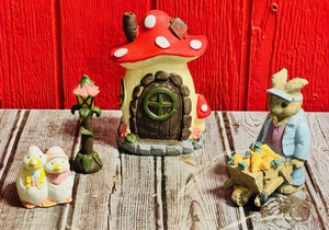lot 247 image: Red &amp White Mushroom House IndoorOutdoor Figurine, Vintage Mervins Rabbit With Wheelbarrow Figurine, &amp Vintage Duck Mother and Child Toothpick Holder