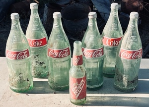 lot 108 image: Lot of Five Vintage 32oz Coca-Cola Bottles &amp One Vintage Dr Pepper Bottle