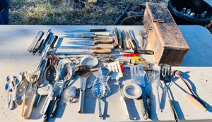 lot 110 image: Huge Lot of Vintage Kitchen Utensils, Flatware, Knives, Nutcrackers, and More in a Vintage Metal Lockbox