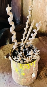 lot 114 image: Great Lot of Vintage Wood Drill Bits, Filling Vintage Paint Can
