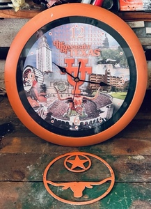 lot 120 image: University of Texas Wall Hanging Clock WHanging Longhorn Metal Sign