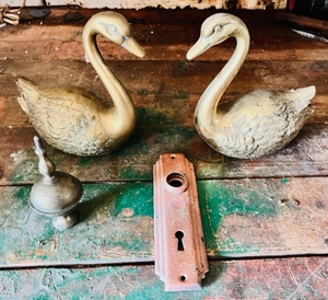 lot 44 image: Two Brass Swans, Lock Plate, Plus One More Decorative Piece